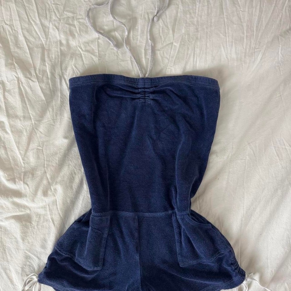 2000s Navy Plush & Lush terry cloth playsuit with halter neck